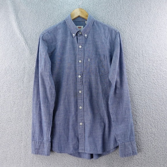 Levis Mens M Chambray Denim Button Down Shirt Long Sleeve Casual Blue Workwear - Picture 1 of 8